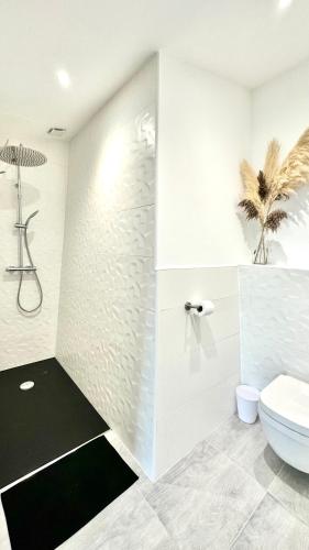 a white bathroom with a toilet and a shower at Les Gîtes de la Chapelle 4 in Vauvert
