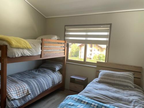 a bedroom with two bunk beds and a window at Pucon, la Capital del Sur de Chile in Pucón