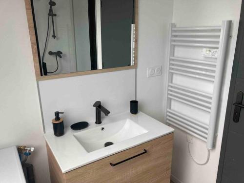 La salle de bains est pourvue d'un lavabo blanc et d'un miroir. dans l'établissement Gite sur ferme equestre, à Pouldreuzic