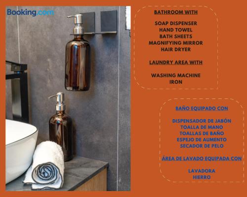 a flyer for a bathroom with two soap dispensers on a counter at T2 Relax & Cosy en Toscane occitane-Gaillac hypercentre in Gaillac