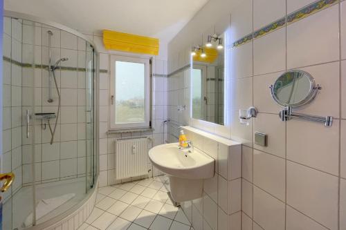 a bathroom with a sink and a shower and a mirror at Inselhaus Karlstrasse 6a Ferienwohnung 6 in Stubbenfelde