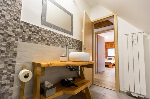 a bathroom with a sink and a mirror on the wall at Apartmaji pri Dravi in Podvelka