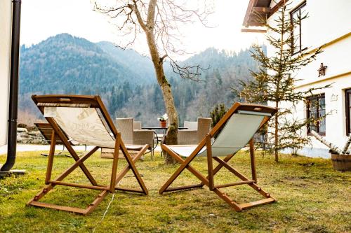 two chairs sitting on the grass in front of a house at Apartmaji pri Dravi in Podvelka