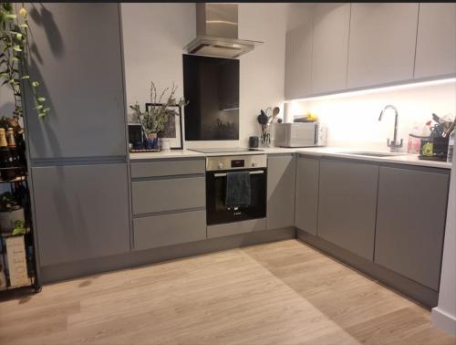 a kitchen with gray cabinets and a sink and a stove at Beckenham - Luxury One Bedroom Apartment With Two Baths And WC in Elmers End