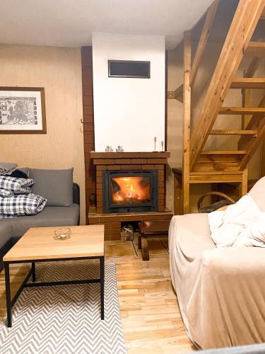 a living room with a couch and a fireplace at Chata przy lesie in Łuka