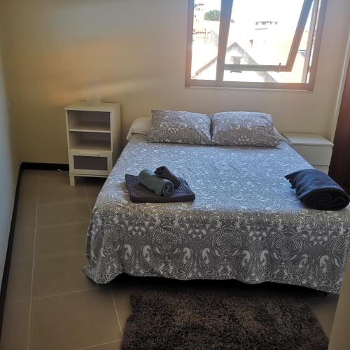 a bedroom with a bed with blue sheets and a window at Céntrico apartamento en Corrubedo in Corrubedo