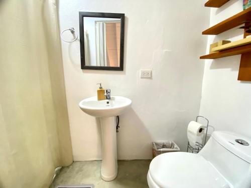 a bathroom with a sink and a toilet and a mirror at Arena Oceanview Hotel & La Terraza Restaurant in Las Galeras
