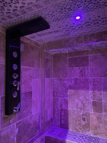 a purple room with a stone wall and a purple light at SPA À LA MONTAGNE in Seyne