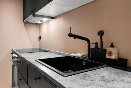 uma cozinha com um lavatório e uma bancada em Cozy new apartment em Kristiansand