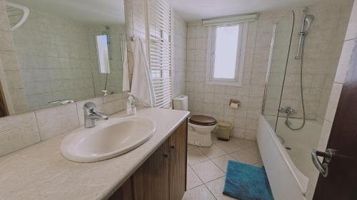 a bathroom with a sink and a shower and a toilet at STAY Aurum Apartment in Nicosia