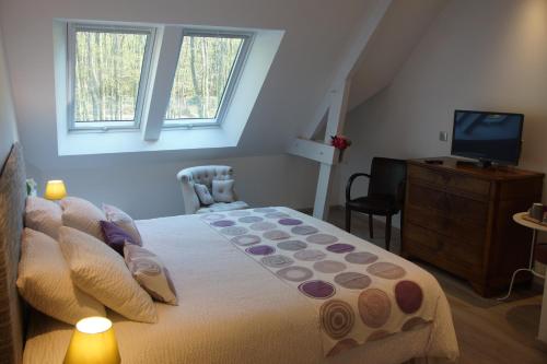 a bedroom with a bed and a tv and windows at Logis Saponine Chambres d'Hôtes au calme en Touraine in Savonnières