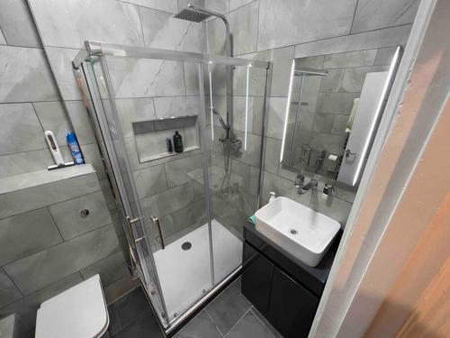 ein Bad mit einer Dusche, einem WC und einem Waschbecken in der Unterkunft 2 Bed Apartment in Central London on 3rd floor - Newly refurbished - No lift in London