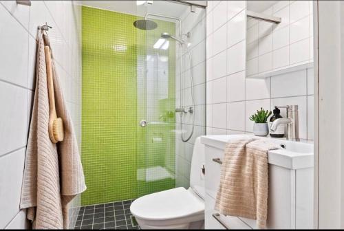 a bathroom with a toilet and a green shower at Super cozy apartment in the heart of Bergen city in Bergen