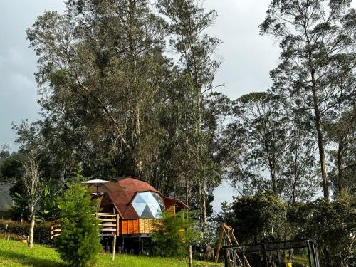 a house in a field with trees in the background at Glamping Shalom in Choachí