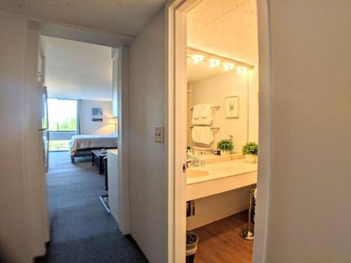La salle de bains est pourvue d'un lavabo et d'un grand miroir. dans l'établissement Cute Cedar Lodge Studio with Balcony & Lake Views!, à Laconia