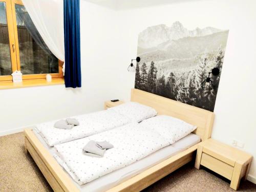1 cama en una habitación con una foto en la pared en 2 bedrooms appartement with enclosed garden and wifi at Koscielisko, en Kościelisko