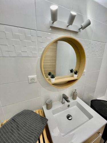 une salle de bain avec un lavabo blanc et un miroir dans l'établissement Joli studio Cozy tout équipé Hyper Centre Saintes, à Saintes