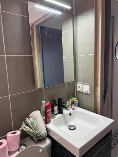 une salle de bain avec un lavabo blanc et un miroir dans l'établissement Studio avec petit déjeuner offert, à Châteaubriant