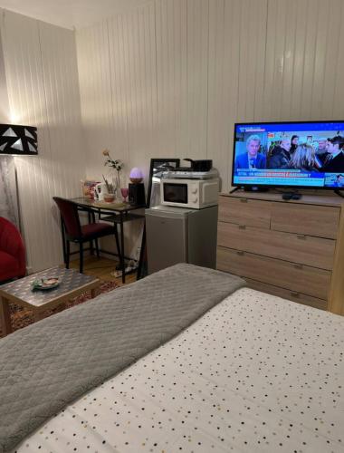 une chambre avec un lit et une télévision à écran plat dans l'établissement Studio avec petit déjeuner offert, à Châteaubriant