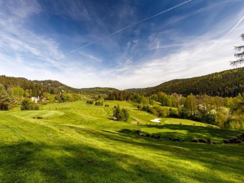 a green hillside with a view of a golf course at Cihelny Golf & Wellness Resort in Karlovy Vary