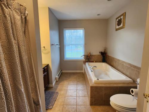 ein Bad mit einer Badewanne und einem WC in der Unterkunft Cozy Home away from Home in Westbrookville