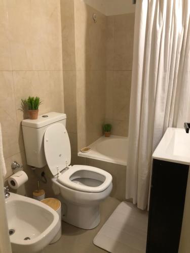 a bathroom with a toilet and a tub and a sink at Arce 23 in Buenos Aires