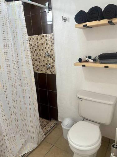 a bathroom with a white toilet and a shower at Depto. equipado, Dos Habitaciones, Zona Céntrica in Tulancingo