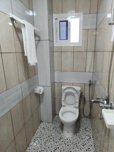 La petite salle de bains est pourvue de toilettes et d'un lavabo. dans l'établissement Magnifique Appartement Calme, Propre et Sécurisé avec groupe Electrogène et WiFi, à Bonamoussadi