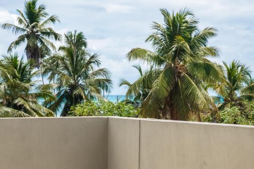 a white fence with palm trees in the background at Portuá Chalés in São Miguel dos Milagres