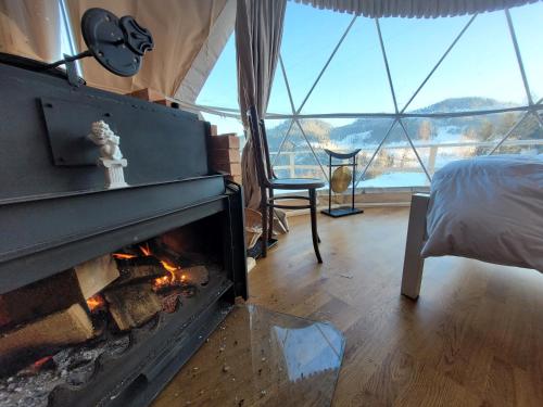 a bedroom with a fireplace and a bed with a view at Cucu Zen Dome Cabana Cazare Bucovina 