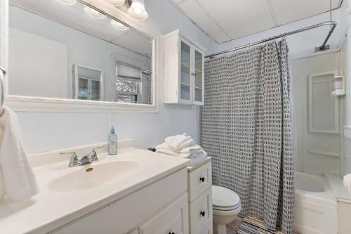 a bathroom with a sink and a toilet and a shower at 2 Bedroom/1 bath Upper Duplex in Hopkins