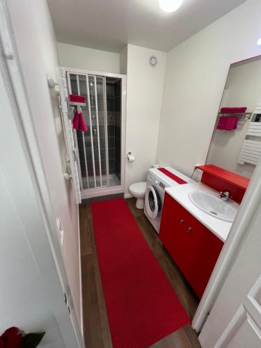 uma casa de banho com um lavatório vermelho e um tapete vermelho em 2 PIECES proche du centre PARIS 15 min em Rosny-sous-Bois