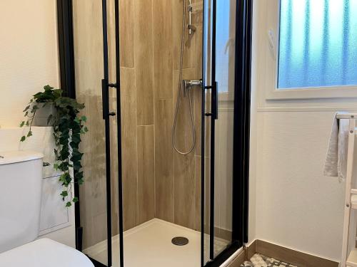 y baño con ducha y puerta de cristal. en Appartement Proche de Disneyland & Paris en Noisy-le-Grand