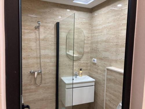 a bathroom with a shower and a toilet and a sink at Diamant de la marsa plage in La Marsa