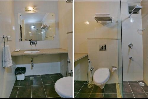 two pictures of a bathroom with a toilet and a sink at Hotel Empire Regency in Jaipur