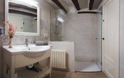 ein weißes Bad mit einem Waschbecken und einer Dusche in der Unterkunft Mas Riera - 2 in Maia de Montcal