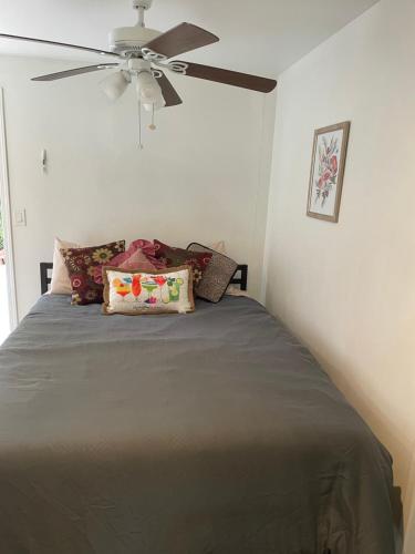 1 dormitorio con 1 cama y ventilador de techo en Orchard house en Los Ángeles