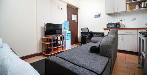 a living room with a couch and a tv at Luxurious suite apartment in Nairobi