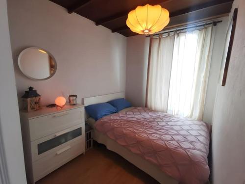 um quarto com uma cama, uma cómoda e um espelho em appartement confortable em Cachan