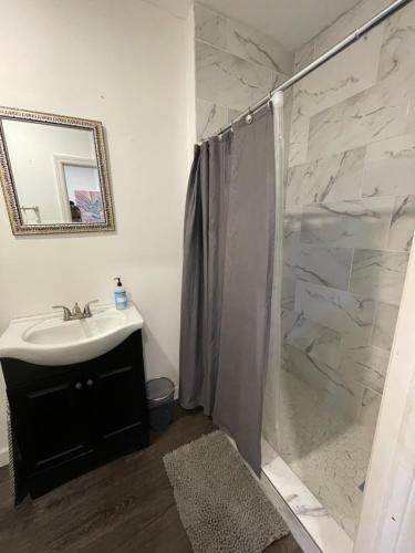 a bathroom with a sink and a shower at Charming Philly Row 2 Units in Philadelphia