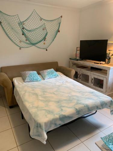 a bedroom with a bed and a tv and a net at In the Heart of Naples, Suite with Lake & Pool in Naples
