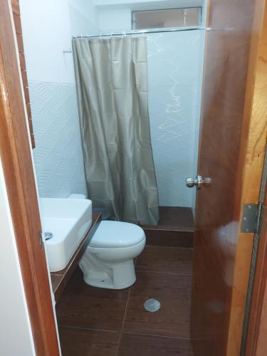 a bathroom with a toilet and a shower at Doña Amalia in Lima