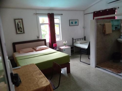 een slaapkamer met een bed, een raam en een tafel bij Chez Ronald Guest House in Rodrigues Island