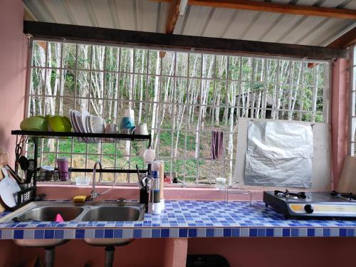 uma cozinha com um lavatório e uma grande janela em Homestay Teratak D`kemangi with Private Pool em Baling