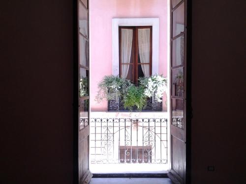 an open door with potted plants on a balcony at Residenze al Castello Apartments in Cagliari