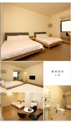 two pictures of a hotel room with two beds at Bling's House in Luodong