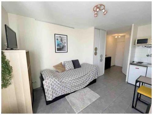 un salon avec un canapé et une cuisine dans l'établissement Studio Castelnau le lez proche Montpellier odysseum et tram, à Castelnau-le-Lez