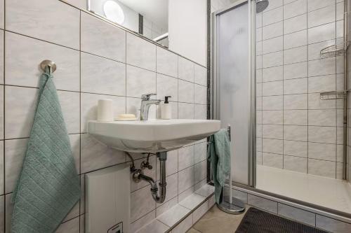 uma casa de banho com um lavatório e um chuveiro em FeWo PeDa Nord em Norderstedt