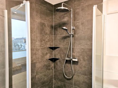 a shower with a shower head in a bathroom at Fynbos Penthouse Deluxe, Balkon, Parkplatz in Straubing