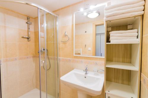 ein Bad mit einem Waschbecken, einer Dusche und einem Waschbecken in der Unterkunft Apartmány Lipno - Böhmerwald - Nová Pec na Šumavě in Nová Pec